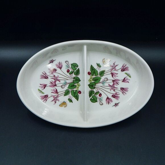 Portmeirion China Botanic Garden Cyclamen Oval Divided Vegetable Serving Bowl - Picture 1 of 10